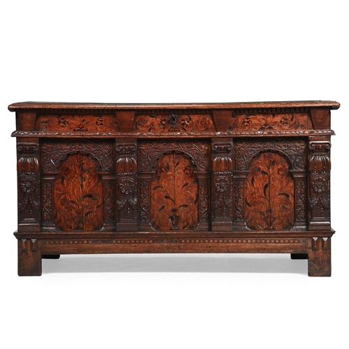 217 - A JAMES I CARVED OAK AND MARQUETRY JOINED CHESTEARLY 17TH CENTURYThe top carved with initials 'FSPL'... 