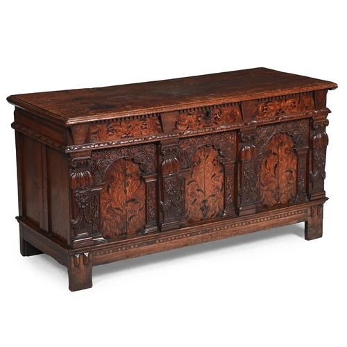 217 - A JAMES I CARVED OAK AND MARQUETRY JOINED CHESTEARLY 17TH CENTURYThe top carved with initials 'FSPL'... 