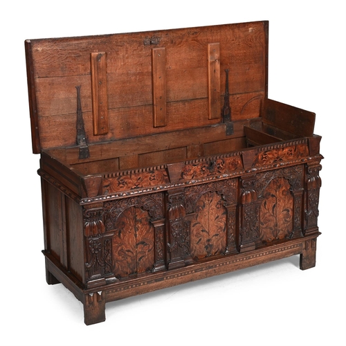 217 - A JAMES I CARVED OAK AND MARQUETRY JOINED CHESTEARLY 17TH CENTURYThe top carved with initials 'FSPL'... 