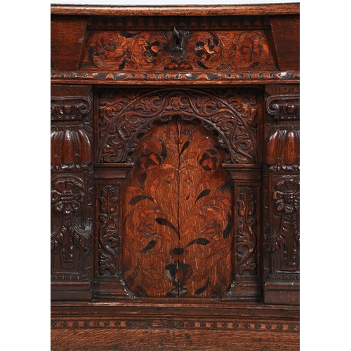 217 - A JAMES I CARVED OAK AND MARQUETRY JOINED CHESTEARLY 17TH CENTURYThe top carved with initials 'FSPL'... 