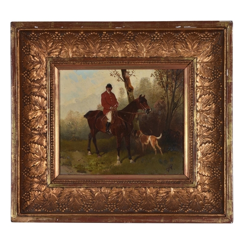 224 - HANS JOHANN HAAG (AUSTRIAN 1841-1919)HUNTSMAN ON HORSEBACK Oil on panelSigned with monogram (lower r... 