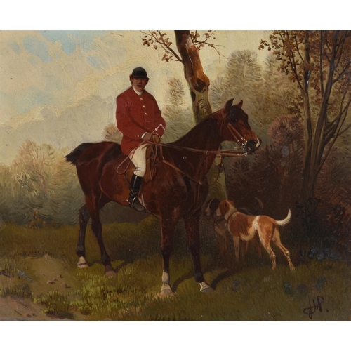 224 - HANS JOHANN HAAG (AUSTRIAN 1841-1919)HUNTSMAN ON HORSEBACK Oil on panelSigned with monogram (lower r... 