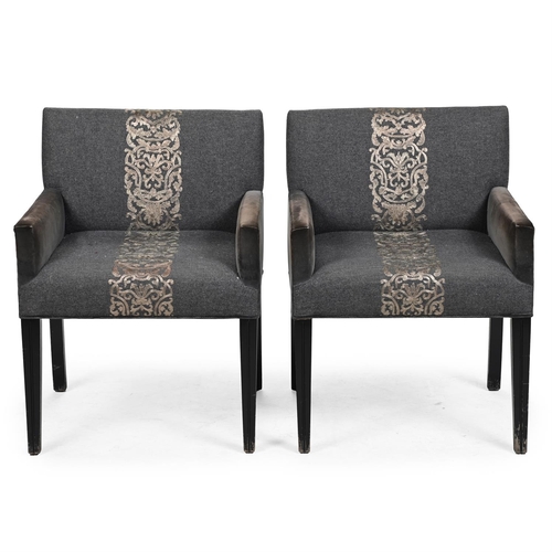 252 - TOMASZ STARZEWSKIPAIR OF LOUNGE CHAIRSGrey velvet, grey mohair-type fabric, and gold metal thread em... 