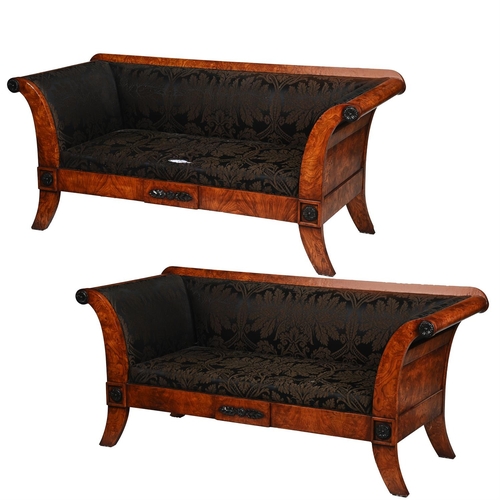 28 - A PAIR OF BURR OR HUNGARIAN ASH SOFASBY WILLIAM SWITZER, IN BIEDERMEIER STYLE, OF RECENT MANUFACTURE... 