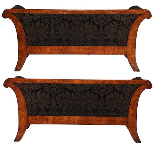 28 - A PAIR OF BURR OR HUNGARIAN ASH SOFASBY WILLIAM SWITZER, IN BIEDERMEIER STYLE, OF RECENT MANUFACTURE... 