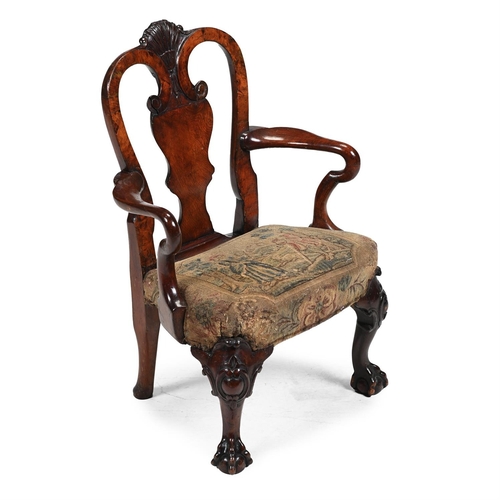 41 - A WALNUT AND BURR WALNUT CHILD'S ARMCHAIR IN GEORGE II STYLE 19TH CENTURY With tapestry style uphols... 