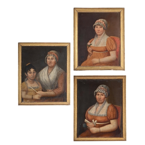 48 - AMERICAN NAÏVE SCHOOL (19TH CENTURY)A SET OF THREE PORTRAITS OF LADIESOil on canvasPortrait of lady ... 