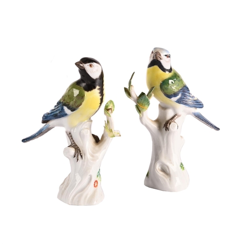 57 - TWO MEISSEN MODELS OF TITMOUSES20TH CENTURYEach modelled perched atop a tree stumpeach approximately... 