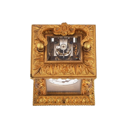 110 - A RARE FRENCH GILT BRASS CARIATIDES CASED MINIATURE CARRIAGE CLOCKG. BACQUEVILLE, PARIS, DATED 1893T... 