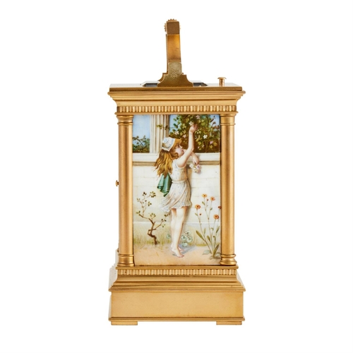 112 - A FRENCH GILT ANGLAISE CASED REPEATING CARRIAGE CLOCK WITH FINE FIGURAL PAINTED PORCELAIN PANELSPROB... 