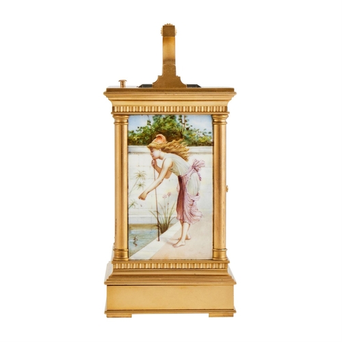 112 - A FRENCH GILT ANGLAISE CASED REPEATING CARRIAGE CLOCK WITH FINE FIGURAL PAINTED PORCELAIN PANELSPROB... 