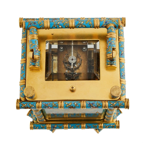 114 - A FINE FRENCH CHAMPLEVE ENAMELLED GILT BAMBOO CASED CENTRE-SECONDS REPEATING ALARM CARRIAGE CLOCKUNS... 