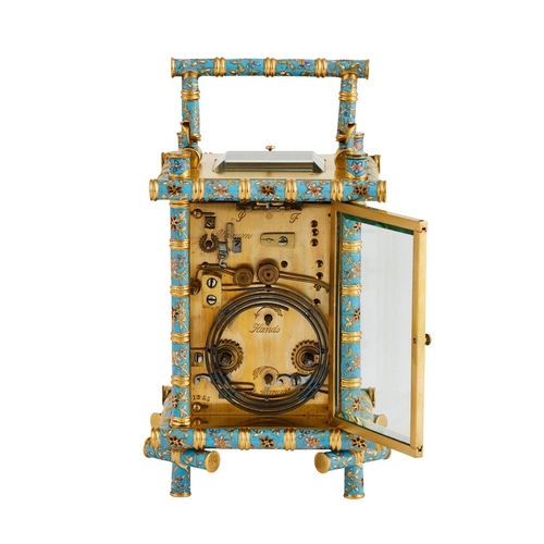 114 - A FINE FRENCH CHAMPLEVE ENAMELLED GILT BAMBOO CASED CENTRE-SECONDS REPEATING ALARM CARRIAGE CLOCKUNS... 