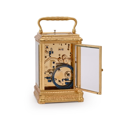 117 - A FINE FRENCH ENGRAVED GILT BRASS GORGE CASED GRANDE-SONNERIE STRIKING ALARM CARRIAGE CLOCK DROCOURT... 