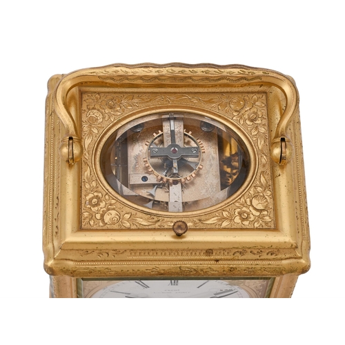 117 - A FINE FRENCH ENGRAVED GILT BRASS GORGE CASED GRANDE-SONNERIE STRIKING ALARM CARRIAGE CLOCK DROCOURT... 