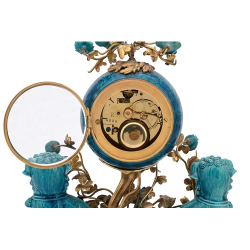 139 - A FRENCH LOUIS XV STYLE TURQUOISE GLAZED PORCELAIN MOUNTED ORMOLU MANTEL CLOCKUNSIGNED, PARIS, LATE ... 