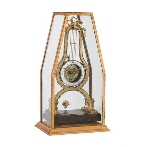 142 - A FRENCH DIRECTOIRE PERIOD ORMOLU AND ROSSO FRANCIA MARBLE LYRE-SHAPED SKELETON TIMEPIECEUNSIGNED, P... 