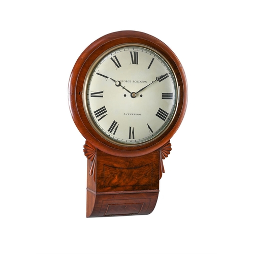 187 - Y A VICTORIAN FIGURED MAHOGANY DROP-DIAL FUSEE WALL CLOCK GEORGE ROBINSON, LIVERPOOL, MID 19th CENTU... 