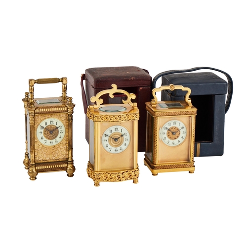 90 - THREE FRENCH GILT BRASS CARRIAGE TIMEPIECESALL UNSIGNED, CIRCA 1900Each with eight-day single train ... 