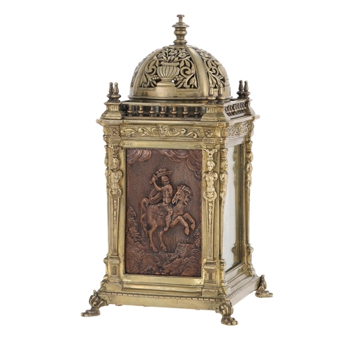 92 - AN UNUSUAL FRENCH RENAISSANCE STYLE CAST AND PATINATED BRASS REPEATING CARRIAGE/MANTEL CLOCK UNSIGNE... 