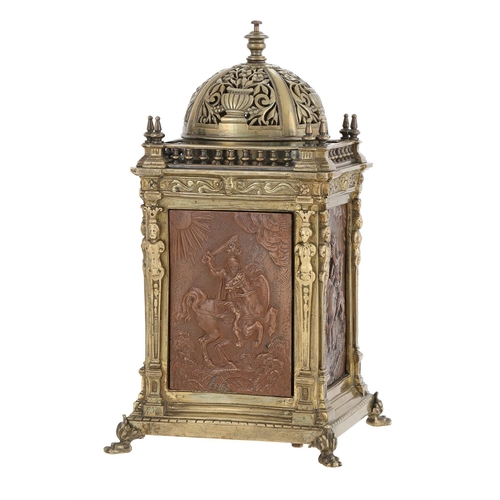 92 - AN UNUSUAL FRENCH RENAISSANCE STYLE CAST AND PATINATED BRASS REPEATING CARRIAGE/MANTEL CLOCK UNSIGNE... 