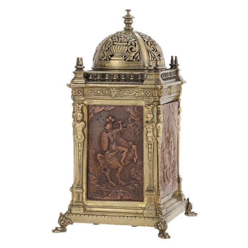 92 - AN UNUSUAL FRENCH RENAISSANCE STYLE CAST AND PATINATED BRASS REPEATING CARRIAGE/MANTEL CLOCK UNSIGNE... 