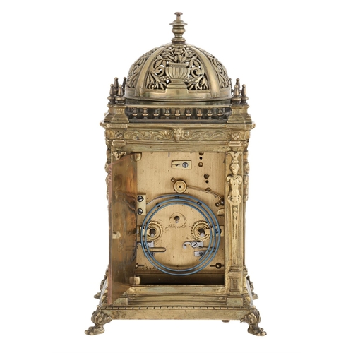 92 - AN UNUSUAL FRENCH RENAISSANCE STYLE CAST AND PATINATED BRASS REPEATING CARRIAGE/MANTEL CLOCK UNSIGNE... 