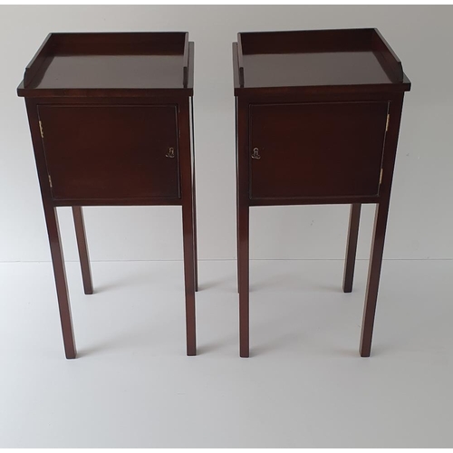 102 - A FINE PAIR OF MAHOGANY BEDSIDE LOCKERS / STANDS / TABLES, with  three quarter raised gallery to the... 