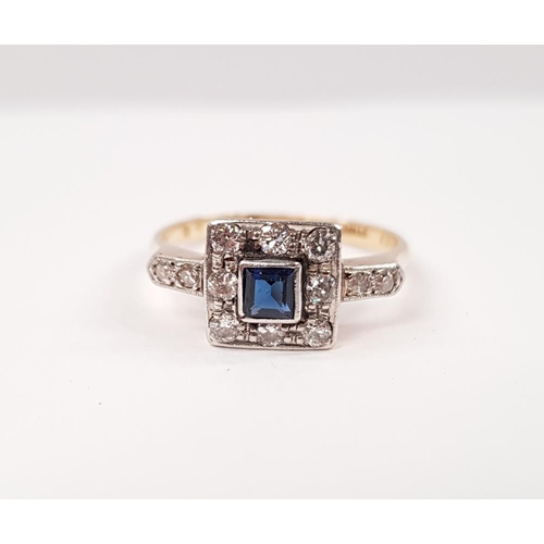 109 - AN 18CT YELLOW GOLD ART DECO SAPPHIRE & DIAMOND RING, with central sapphire surrounded by 8 diamonds... 