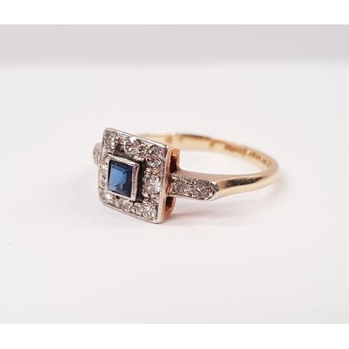 109 - AN 18CT YELLOW GOLD ART DECO SAPPHIRE & DIAMOND RING, with central sapphire surrounded by 8 diamonds... 