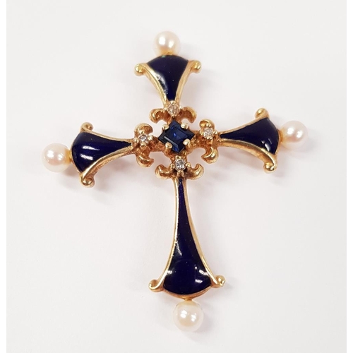 110 - A 14CT YELLOW GOLD FRANKLIN MINT MIDNIGHT SAPPHIRE CROSS PENDANT with central sapphire stone, a smal... 