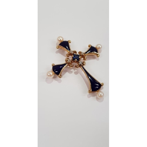 110 - A 14CT YELLOW GOLD FRANKLIN MINT MIDNIGHT SAPPHIRE CROSS PENDANT with central sapphire stone, a smal... 