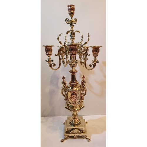 13 - A VERY FINE PAIR OF 19TH CENTURY POLISHED BRASS & BRONZE 6 ARM TABLE CANDLEABRA, with classical deco... 