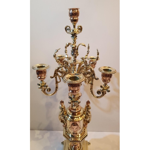 13 - A VERY FINE PAIR OF 19TH CENTURY POLISHED BRASS & BRONZE 6 ARM TABLE CANDLEABRA, with classical deco... 