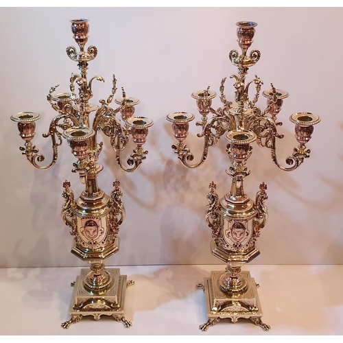 13 - A VERY FINE PAIR OF 19TH CENTURY POLISHED BRASS & BRONZE 6 ARM TABLE CANDLEABRA, with classical deco... 