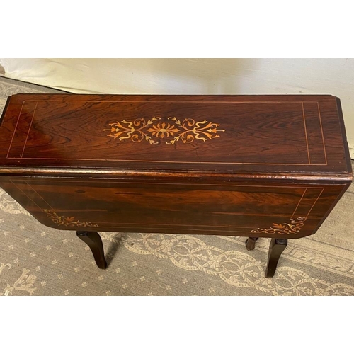 133 - AN EDWARDIAN ROSEWOOD INLAID DROP LEAF SUTHERLAND / SIDE TABLE, the drop leaves with canted corners ... 