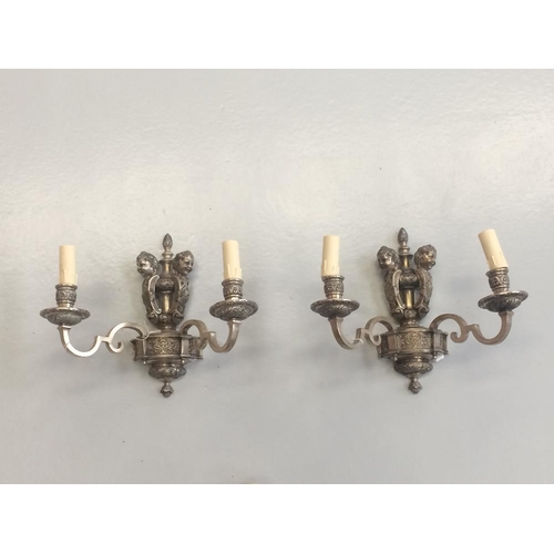 141 - A PAIR OF SILVER PLATED HEAVY CAST CANDELABRA SCONCE, decorated with floral and foliage motif and a ... 