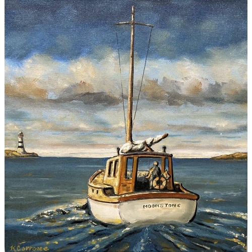 144 - KEVIN CORROUE, SAILING TO SKIBBEREEN, oil on canvas, signed lower left, 15 x 15 inches frame approx.