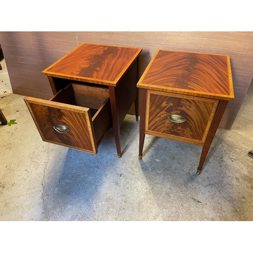 147 - A PAIR OF FLAME MAHOGANY CROSSBANDED CABINETS, each with a deep drawer, having inlaid cross-banded t... 