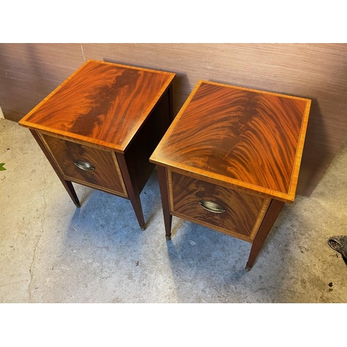 147 - A PAIR OF FLAME MAHOGANY CROSSBANDED CABINETS, each with a deep drawer, having inlaid cross-banded t... 