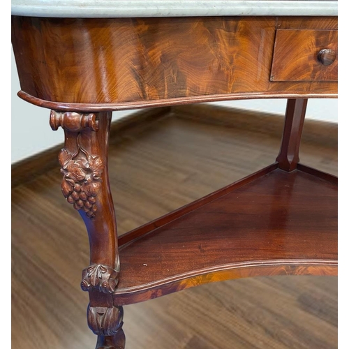 15 - AN UNUSUAL AND VERY FINE 19TH CENTURY MAHOGANY AND MARBLE TOPPED CORNER TWO TIER WHATNOT, with a rai... 