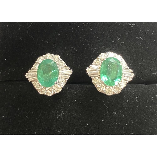 152 - A PAIR OF 18CT WHITE GOLD COLOMBIAN EMERALD AND DIAMOND CLUSTER EARRINGS, total emerald weight: 3.78... 