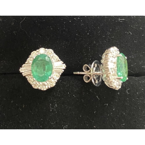 152 - A PAIR OF 18CT WHITE GOLD COLOMBIAN EMERALD AND DIAMOND CLUSTER EARRINGS, total emerald weight: 3.78... 