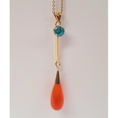 166 - A VIBRANT AMBER & BLUE TOPAS PENDANT NECKLACE, with 9ct yellow gold long chain