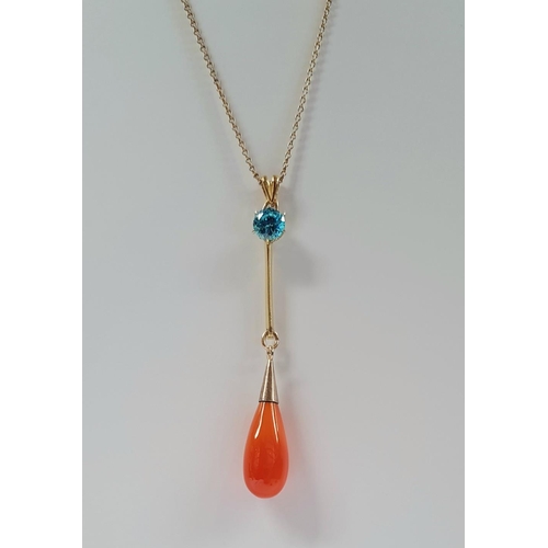 166 - A VIBRANT AMBER & BLUE TOPAS PENDANT NECKLACE, with 9ct yellow gold long chain