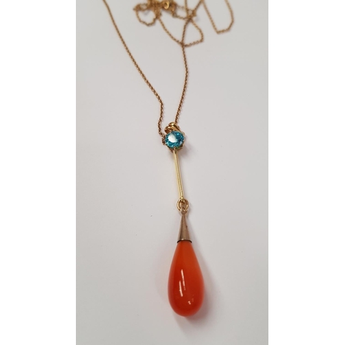 166 - A VIBRANT AMBER & BLUE TOPAS PENDANT NECKLACE, with 9ct yellow gold long chain