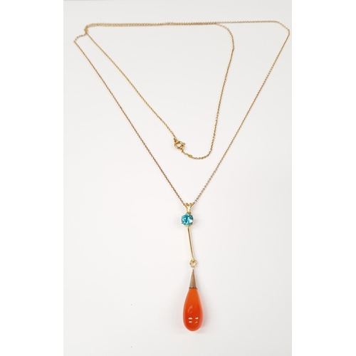 166 - A VIBRANT AMBER & BLUE TOPAS PENDANT NECKLACE, with 9ct yellow gold long chain