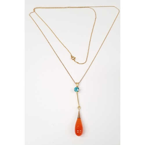 166 - A VIBRANT AMBER & BLUE TOPAS PENDANT NECKLACE, with 9ct yellow gold long chain