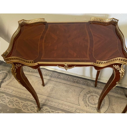 18 - A FINE PAIR OF FRENCH STYLE ROSEWOOD & MAHOGANY INLAID SIDE TABLES, each with raised pierced brass g... 