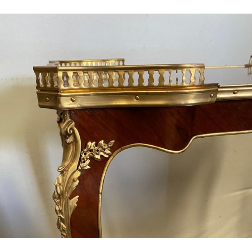 18 - A FINE PAIR OF FRENCH STYLE ROSEWOOD & MAHOGANY INLAID SIDE TABLES, each with raised pierced brass g... 